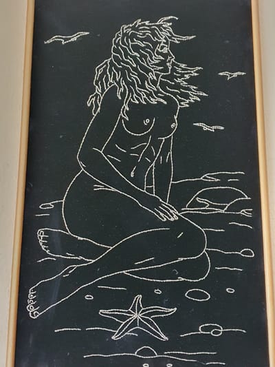 This is a close-up, eye-level, horizontal shot of a framed piece of embroidery. The embroidery is on a black fabric, and the design is rendered in white thread. The artwork depicts a stylized, elongated female figure lying on her back, seemingly floating. Her head is to the left, with wild, curly hair fanning out. Her arms are bent, with one hand resting near her head and the other near her knee. Her legs are crossed at the shins, with her feet pointing towards the right.
The background is abstract, with vertical lines that could suggest reeds or kelp. Scattered throughout the background are small, circular shapes and a starfish on the right side, hinting at an underwater or ethereal setting. Two small, bird-like figures are visible in the upper left quadrant, and a thin, curved line is in the lower left. The overall mood is serene and dreamlike, with the figure appearing relaxed and suspended. The embroidery is framed by a simple, light-colored wooden frame. No visible text is present. The location context is Dubossary, Moldova.