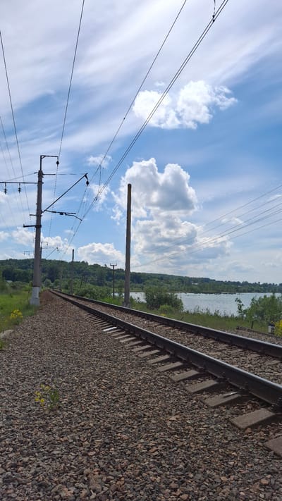 The image depicts a railway line in a rural or semi-rural setting, attributed to Ветеран Снт, Russia, under a partially cloudy blue sky. Two parallel railway tracks, constructed with dark metal rails and light grey concrete sleepers, extend diagonally from the lower-left foreground towards the distant center-left, resting on a bed of dark grey and reddish-brown stone ballast. A small, sparse cluster of yellow wildflowers grows from the ballast in the lower-left foreground. A rectangular white object rests on the ballast between the tracks in the mid-foreground. Further along the right track, a small white marker with a yellow top and the number '8' is visible.
Multiple dark overhead wires for railway electrification traverse the sky. These wires are supported by concrete utility poles positioned alongside the tracks. A prominent grey concrete pole with multiple cross-arms and insulators stands on the left side of the tracks in the mid-ground. Another similar pole is visible further down the tracks, and a taller, unadorned grey concrete cylindrical pole stands to the right of the tracks, also in the mid-ground.
To the right of the tracks and utility poles, a calm body of light blue-green water stretches across the mid-ground and background, partially obscured by green deciduous trees and bushes along its nearer bank. Distant dark specks, possibly waterfowl or small objects, are visible on the water's surface. A dense, verdant forest line defines the horizon across the background, situated beneath a blue sky featuring scattered white cumulus clouds and some wispy cirrus clouds. The lighting suggests daylight conditions, possibly late morning or early afternoon, with moderate sunlight. No people or animals are visible in the frame.