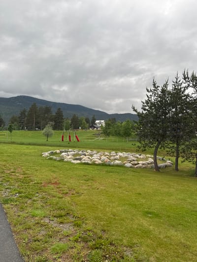 This image presents an expansive outdoor landscape in Vinstra, Norway, characterized by rolling green grass, distant mountains, and an overcast sky. The scene depicts a park or recreational area under soft, diffuse lighting.
In the foreground, a lush, well-maintained green lawn covers the ground, with a dark asphalt path visible in the bottom right corner. A prominent feature on the right side of the frame is a long, curved arrangement of numerous light-colored, smooth, and rounded stones or boulders, creating a decorative border or natural barrier. A large conifer tree stands in the mid-ground on the right, its trunk partially bordered by these stones.
Further into the mid-ground, several other trees, both conifers and possibly deciduous varieties, are scattered across the grassy expanse. Three distinct red, tripod-like structures with horizontal crossbars are visible, suggesting elements of a play area, an obstacle course, or public art. To the left of these red structures and slightly further back, a small yellow rectangular frame, possibly a mini soccer goal, is situated on the grass.
The background is dominated by imposing, dark green mountains, their slopes covered with dense forestation. At the base of these mountains, nestled among the trees, a few distant buildings, likely houses or cabins, can be discerned. The sky is entirely covered with soft, grey clouds, indicating an overcast day without direct sunlight.
There are no people or animals visible, and no specific activity or event is taking place, lending the scene a peaceful and calm atmosphere. No visible text is present in the image.