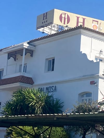 The image shows the facade of a white building with a Spanish tile roof. A sign on top of the building reads "H", "HOTEL LA PALMOSA" with three stars. The building has a balcony with decorative wooden accents and several windows. The name "LA PALMOSA" is also visible in blue lettering on the building's facade. In front of the building, there is lush green vegetation, including palm-like plants. A portion of a covered structure with a metal roof is visible in the foreground, obscuring the lower part of the building and the vegetation. The sky is clear and blue.