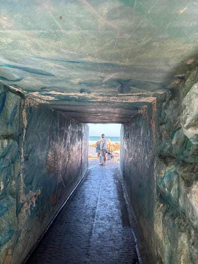 The photo depicts a rectangular tunnel with textured blue and green walls, ceilings, and floors. One wall is adorned with paintings of fish and other marine life. The tunnel leads to an opening with bright sunlight where two people stand. The location is likely Muizenberg, South Africa, as similar tunnels exist there that are painted with marine life. The people in the distance are near a boardwalk that is bordered by the beach and ocean.
