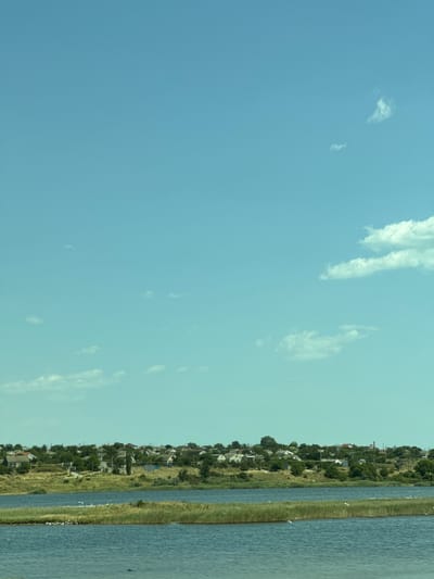 The image depicts a serene waterscape with a village nestled on a hill in the background, identified as being in the city of Koshary, Ukraine. The foreground is dominated by calm, blue-green water, reflecting the clear sky above. A strip of vibrant green grass divides the water, with a flock of white birds congregating on its edge. Beyond this grassy island, the water continues, with a few more scattered white birds visible.
The middle ground showcases a gentle slope covered in dry, golden grass, punctuated by a dense line of trees that partially obscure the village. The village itself comprises numerous houses with red and white roofs, interspersed with greenery. The houses are situated on a hillside, creating a picturesque view against the bright, pale blue sky. The sky is largely cloudless, with only a few wispy white clouds scattered towards the top of the frame. The overall impression is one of a quiet, rural settlement by the water on a bright, clear day.