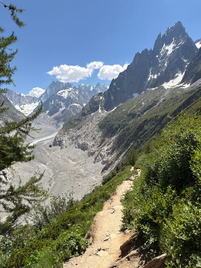 This media file depicts a mountainous landscape in Chamonix-Mont-Blanc, France, likely during daytime in fair weather. The scene is dominated by rugged, snow-capped mountains that rise dramatically against a clear blue sky. A narrow, light-colored dirt path winds along the edge of a steep, vegetated slope, suggesting it is a hiking trail. The path is bordered by lush green vegetation, including trees and shrubs, and some rocky outcrops. In the distance, a vast expanse of scree or glacial debris slopes down from the mountains. White, fluffy clouds are scattered in the sky, adding depth to the scene. The overall impression is one of natural beauty and rugged terrain, ideal for outdoor exploration. There is no visible text in the image.