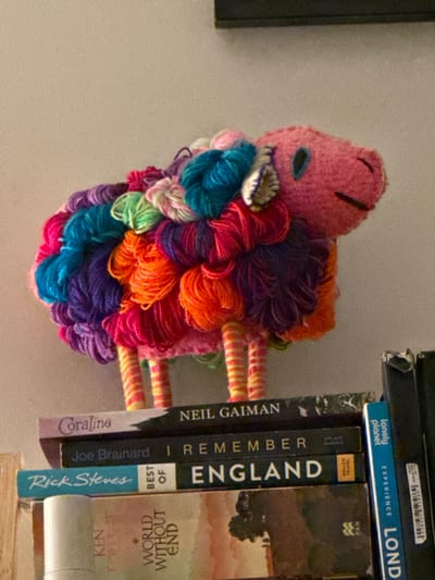 A pink, yarn-based art piece, resembling a distorted head, rests beside a stack of books. The yarn is multicolored, including pink, blue, orange, and purple hues. The books on the shelf include "Coraline" by Neil Gaiman, "I Remember" by Joe Brainard, "England" by Rick Steves, "World Without End" by Ken, "Lonely Planet Experience: London". They are neatly stacked and appear to be part of a personal library or collection.