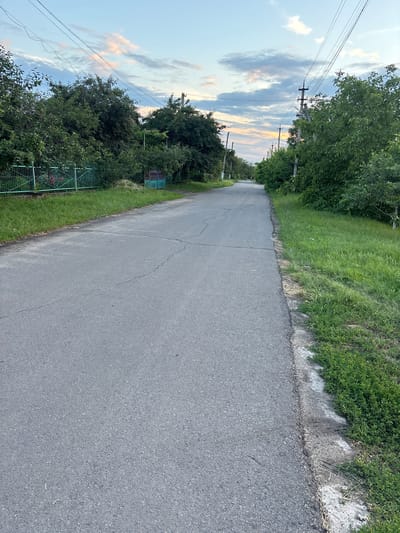 This media file shows an asphalt road running through a rural landscape, likely in Bochmanivka, Ukraine. The road is bordered by a grassy embankment on the left and lush green trees and foliage on the right. Overhead power lines stretch across the sky, supported by wooden poles. The sky is partly cloudy with streaks of orange and pink, suggesting it is either sunrise or sunset. The overall mood is peaceful and serene, capturing a quiet moment in a natural setting. There are no people or animals visible in the image. A green metal fence with diamond-shaped openings is visible along the edge of the road, partially obscured by the trees. Faint graffiti or markings can be seen on the fence. The asphalt road appears to be well-used, with some visible cracks and wear. The scene depicts an ordinary day in a rural area, emphasizing the natural beauty and tranquility of the location.