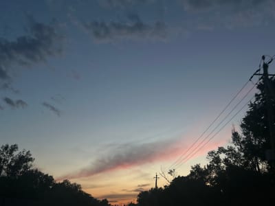 The image depicts a dusky sky over Starosemeikino, Russia, with layers of clouds tinged with shades of orange and pink at the horizon. Silhouetted trees line the bottom of the frame, interspersed with power lines and a utility pole on the right side. The scene appears to be captured from a low vantage point, possibly from a road or ground level. The overall impression is a tranquil, fading light just after sunset.