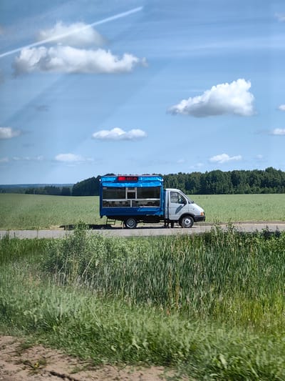 A bright, sunny day is depicted, with a clear blue sky scattered with fluffy white clouds. A white truck with a blue, enclosed cargo area is parked on the side of a paved road. The cargo area appears to be a mobile shop or food stall, with glass windows displaying items inside, possibly food or merchandise. The truck is positioned in a rural landscape, with a vast, green field stretching out behind it, bordered by a dense line of trees in the distance. In the foreground, tall green grass and vegetation line the edge of the road. The overall impression is one of a peaceful, rural setting under a pleasant sky.