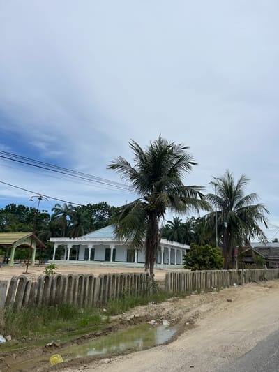 The image shows a street scene in Seunebobaru, Indonesia, with a white building featuring a blue roof and arched colonnades in the background. Two palm trees are prominent in the foreground, with one taller than the other. A concrete fence with arched elements separates the street from the building. The street itself is unpaved dirt with some puddles of murky water and scattered debris, including plastic bottles. A small green structure with a yellow roof is visible to the left of the white building. Overhead power lines run across the upper portion of the image. The sky is partly cloudy.