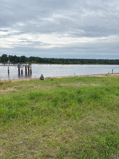 A person is sitting on the grass by the river in Nevskaya Dubrovka, Russia, looking out at the water. The sky is overcast, and the clouds are gray and heavy. A pier juts out into the river on the left side of the image. The shore is lined with trees, and there is a sandy beach in the foreground. The grass is green and lush, with a few small flowers scattered throughout. The overall mood of the image is one of peace and tranquility.