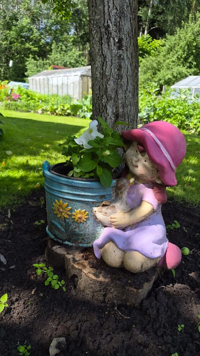 A garden gnome with a pink hat and purple dress sits beside a potted plant in a yard. The gnome is made of ceramic and is positioned on a tree stump. The potted plant is in a blue pot with yellow flowers painted on it. In the background, there are greenhouses and lush green vegetation. The scene is outdoors, with sunlight casting shadows on the ground.