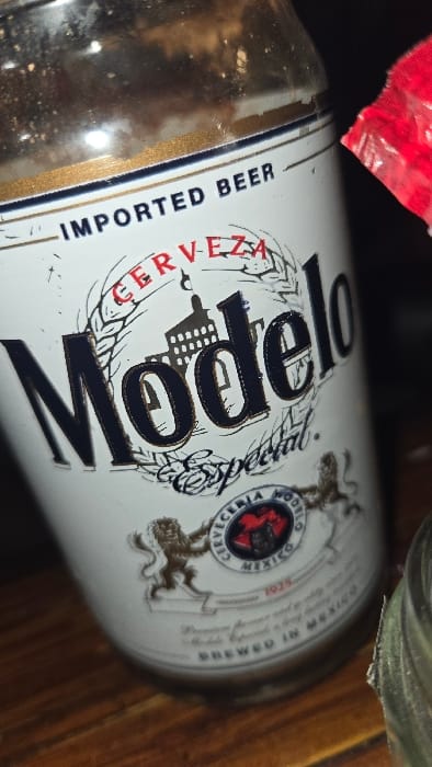 A close-up, tilted view focuses on a Modelo Especial beer bottle. The label is predominantly white with bold, dark blue "Modelo" lettering. "CERVEZA" is vertically oriented in red near the top left. A circular emblem with "CERVECERIA MODELO DE MEXICO" is visible, featuring lion graphics. "IMPORTED BEER" is partially shown along the left edge. The bottle's glass and some packaging are out of focus in the periphery.