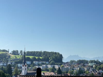 The image depicts a panoramic view of the city of Wald (ZH), Switzerland, on a clear, sunny day. The foreground features the spire of a church with red clock faces. Behind the church, a residential area with a mix of apartment buildings and houses extends across rolling green hills dotted with trees. In the midground, lush green trees dominate the landscape, creating a dense forest on the slopes. In the background, a range of mountains with snow-capped peaks is visible under a bright blue sky. A faint contrail from an aircraft is visible in the upper left portion of the sky. The overall scene is serene and highlights the picturesque setting of Wald (ZH), blending urban development with the natural beauty of the Swiss landscape.