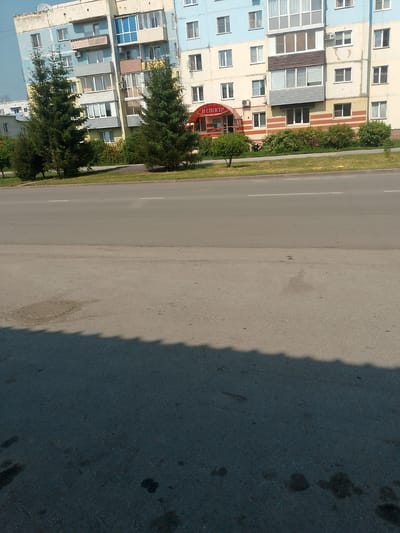 This is a full, slightly tilted, eye-level outdoor shot of a street in Polysayevo, Russia, on a bright, sunny day. The foreground is dominated by a paved road with a shadow cast from an unseen object to the left. The middle ground shows a strip of green grass, bushes, and two evergreen trees. Behind the vegetation is a multi-story apartment building with a light blue and cream colored facade, featuring numerous windows, balconies, and air conditioning units. An arched entrance with red trim and a sign reading "II СПЕКТР" is visible on the ground floor of the building. The background is a clear, light blue sky.