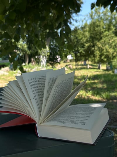 An open book with pages fanned out rests on a dark green surface. The book has a red cover partially visible on the left side and white pages filled with text. In the background, out of focus, is a lush green lawn with trees and a bright blue sky. The setting appears to be outdoors, possibly a garden or park, with dappled sunlight filtering through the leaves of trees. The location is Yablunivka, Ukraine.