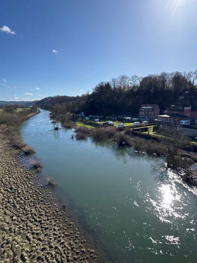 An elevated, wide-angle photograph taken on a clear, sunny day depicts a section of the Ruhr River in Hattingen, Germany. The river, exhibiting a greenish-blue hue, flows from the upper left toward the center-right, reflecting bright sunlight in its right portion. The sky above is a uniform clear blue with a few scattered white cumulus clouds.

On the left side of the foreground, a dry, textured bank covered in matted, light-brown vegetation slopes gently into the water. Several small, bare bushes are visible emerging from the river along this bank.

The right bank of the river features a developed area situated against a backdrop of a dense, bare deciduous forest that covers a rising hillside. A camping ground occupies a strip of land along this bank, containing approximately ten white and light-colored caravans or recreational vehicles parked on green grass. Behind the camping ground, two multi-story buildings are prominent. The first is a reddish-orange structure with a dark roof. Adjacent to it, further right, stands a more complex building characterized by a distinct dark, multi-pitched roof, dormer windows, and reddish-brown walls.

No individuals or active vehicles are observed within the scene. The leafless state of the trees indicates either winter or early spring.