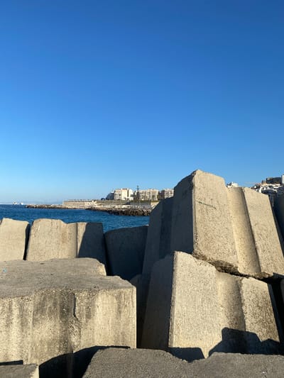 The image shows a coastal breakwater constructed of interlocking concrete blocks. The blocks are stacked to form a barrier against the sea. In the background, across the water, a cityscape is visible with buildings of various heights and architectural styles. The sky is clear and blue. The perspective is taken from the breakwater itself, looking towards the cityscape. The image is taken in Beau Fraisier, Algeria.