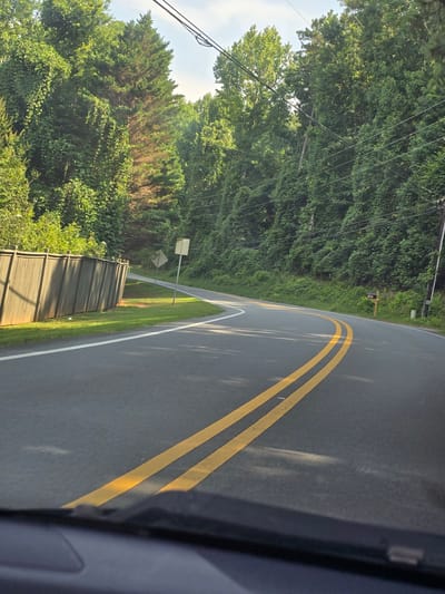 The image shows a winding asphalt road with double yellow lines, indicating a no-passing zone, as seen from inside a vehicle. The road is bordered by a dense forest of green trees and a light-colored wooden fence on the left side. On the right side of the road, there's a mailbox with the house number 1825 visible. Power lines are strung overhead. The scene appears to be in a suburban or rural setting, likely in the city of Woodstock, United States, given the context provided, suggesting a residential area with natural surroundings. The lighting indicates it is daytime, possibly late afternoon due to the shadows. No people are visible in the frame.