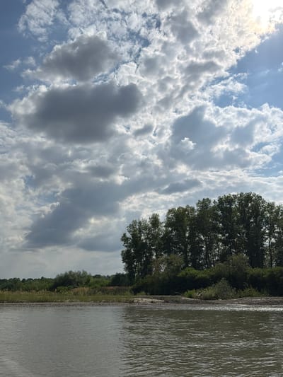 The image depicts a riverbank scene under a cloudy sky. The foreground is dominated by a wide river with choppy, grey-brown water. The riverbank is lined with dry grasses and pebbles. Beyond the bank, a dense line of dark green trees forms the treeline. The sky above is filled with a mix of large, dramatic grey clouds and smaller, brighter white clouds, with patches of blue sky visible. The sun is partially obscured by clouds, casting a bright glow in the upper right portion of the sky. The scene appears to be a natural landscape, likely in a rural or undeveloped area. No people or structures are visible in the image.