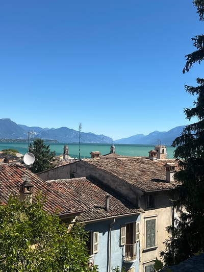A wide shot captures a sunlit, elevated view of rooftops and a distant turquoise lake, bordered by hazy mountains under a clear blue sky. The foreground features a dense cluster of weathered, terracotta-tiled roofs, some with visible chimneys and satellite dishes. A lush green tree partially obscures the lower left of the frame. Beyond the rooftops, the bright, shimmering water of Lake Garda is visible, with a range of blue-hued mountains forming the horizon. Several small structures with steeples and towers are scattered among the buildings. The scene is devoid of people. This is a view of the city of Desenzano del Garda, Italy.