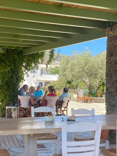 The image displays an outdoor, shaded dining or gathering area in Πλατύς Γιαλός, Greece, under a clear blue sky. In the immediate foreground, a light-colored wooden table is visible, flanked by two white wooden chairs with woven seats. On the table, a small, light-colored ceramic bowl and a smooth, light-colored stone are present. Overhead, a green-painted wooden pergola, partially covered with bamboo slats and draped with dense green vines, provides shade. A stone column forms the right edge of the foreground.
In the midground, five adults are seated around a light-colored wooden table, utilizing beige-cushioned director's chairs. From left to right, an older man wearing a light blue patterned shirt and glasses is visible, followed by an older woman in a multi-colored top who appears to be holding a small object. Next is a man in a bright blue t-shirt, facing a woman in a red top with her hair tied back, who is holding a glass to her mouth. The fifth individual, an older man in a light-colored shirt, is seen mostly from behind, looking towards the right. The group appears engaged in conversation.
The background reveals an open, light-colored flagstone patio. To the left, white multi-story buildings with characteristic blue window frames are visible. A large, mature olive tree with silvery-green foliage stands centrally in the background. Further back, lighter green vegetation and a light brown wooden bench and table set are present. The scene is capped by a clear, cloudless blue sky above a distant, light-colored mountain range.