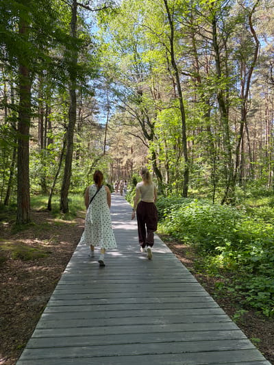 The image shows a boardwalk in a forest with two women walking on it. The woman in the foreground is wearing a white dress with black polka dots and has red hair. The woman behind her is wearing brown pants and a light-colored top and has blonde hair. The boardwalk is made of gray wooden planks and runs through a densely wooded area with tall trees and lush green undergrowth. Sunlight filters through the leaves, casting dappled shadows on the boardwalk and the forest floor. The overall atmosphere is peaceful and serene. The time of day appears to be daytime, and the weather seems pleasant with clear skies visible through the trees. The location is Morskoe, Russia, suggesting a natural, possibly park-like setting. There is no visible text in the image.