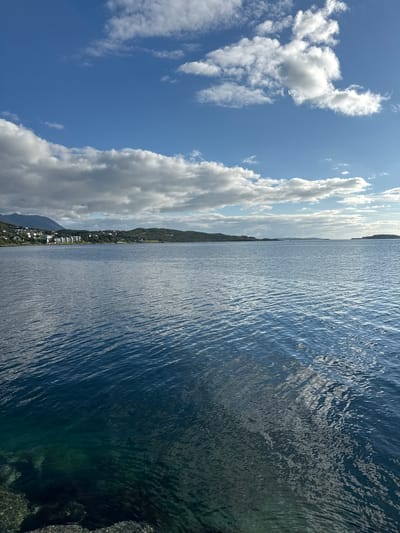 The image captures a serene view of the sea, likely from a vantage point on land or a vessel near Harstad, Norway. The water occupies the majority of the frame, with gentle ripples creating a textured surface. The color of the water transitions from a deep, almost black hue in the foreground where submerged rocks are visible, to a clear blue further out. In the distance, a coastline is visible, featuring rolling green hills dotted with buildings, suggesting a populated area or a small town. Mountains rise in the background, their peaks softened by distance and possibly a light haze. The sky above is a vibrant blue, partially obscured by scattered white clouds. The sunlight glints off the water, creating bright highlights and a shimmering effect. The overall atmosphere is peaceful and natural, indicative of a coastal landscape in a Nordic region.
