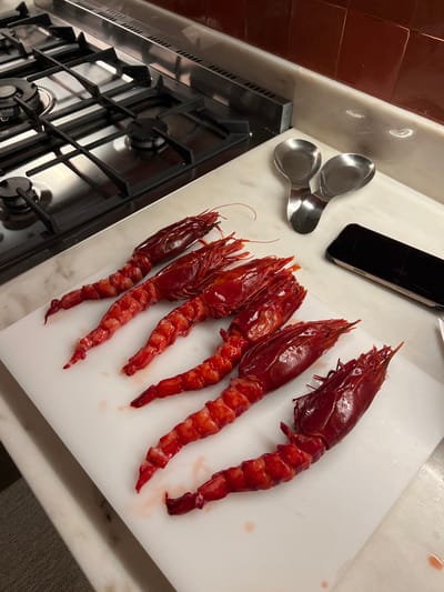 The image depicts a countertop scene, possibly within a kitchen setting in Gondarém, Portugal. A white cutting board holds five large, red prawns, arranged horizontally. Adjacent to the cutting board are a black smartphone and two stainless steel measuring spoons. To the left, part of a gas stovetop is visible. The countertop appears to be made of marble. The image presents a still-life arrangement of culinary ingredients and kitchenware.