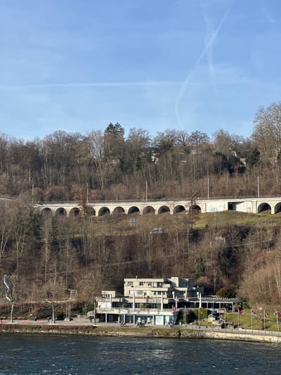 This image depicts a multi-layered urban and natural landscape in Neuhausen am Rheinfall, Switzerland, on a clear, sunny day.
In the foreground, a dark blue body of water, likely the Rhine River, flows with visible ripples. A concrete promenade or walkway runs along its right bank.
The midground features a contemporary multi-story building constructed from light-colored concrete or stone, possessing a tiered design with balconies and an outdoor seating area. Several national flags, including the Swiss flag, are displayed on poles in front of this structure. Numerous individuals are observed on the promenade in front of the building; some are walking, while others appear to be gathered. To the left of the building, a tall, white, abstract sculptural element with a serpentine or spiraling form stands near the water's edge. Behind the promenade, a steep hillside rises, densely covered with bare deciduous trees, indicating a late autumn, winter, or early spring season.
Horizontally spanning the hillside in the upper midground is a long, light-colored stone or concrete railway viaduct, characterized by numerous arches. A railway track with associated overhead power lines and support poles runs across the top of this viaduct. Beneath the viaduct, a road or path is visible, with a small blue vehicle present. Some graffiti is observable on the concrete supports of the viaduct.
The background consists of the upper slopes of the hillside, continuing with dense, bare trees, among which a few residential structures are partially discernible. The sky above is a clear, bright blue, traversed by multiple white contrails, including one prominent "X" shaped contrail and a fainter horizontal streak.