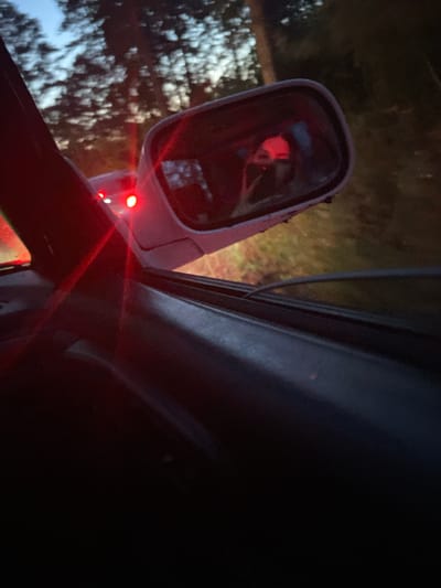 The image shows a view from inside a car, looking into a side mirror and out the window. The time appears to be dusk or early evening, with a twilight sky visible through the trees outside. In the side mirror, a person is reflected, wearing a mask that covers their nose and mouth. The person's eyes are visible and appear to be looking forward. Red lights, possibly from the car's taillights or other vehicles, are visible in the foreground, casting a reddish glow. The car interior, including part of the door and window frame, is also visible. The environment outside the car seems to be a wooded area. There is no specific information about the location being in Малиновый Куст, Russia, that can be determined from the image itself.