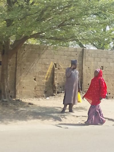 The scene in Darmanawa, Nigeria, captures two individuals outdoors under bright sunlight. A dark-skinned male stands on the left, facing right, wearing a grey long robe and cap. He holds a dark mobile phone to his right ear and carries a yellow plastic bag in his left hand. A dark-skinned female walks from right to left across the frame, dressed in a red patterned head covering and a purple patterned lower garment. The foreground features a grey paved road, transitioning to a dirt shoulder with minor debris. A light brown, weathered concrete block wall with visible damage forms the background. A large tree with green foliage is prominent in the upper left, casting shadows. No direct interaction is observed between the subjects.