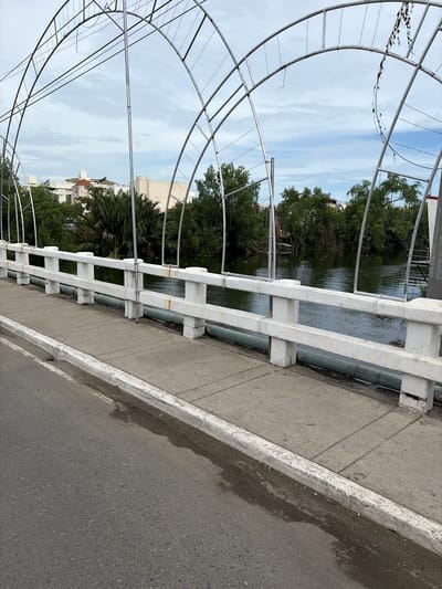 The image depicts a bridge in Dagupan, Philippines, characterized by a white concrete railing and a partially constructed metal arch structure above. The bridge spans a body of water surrounded by lush green trees and buildings in the background. The road in the foreground is asphalt, with a concrete sidewalk and curb. The sky is partly cloudy, suggesting an overcast day. There are no people visible in the image. The overall scene suggests an urban environment with ongoing construction or a decorative element being added to the bridge.