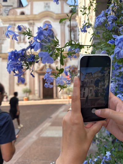 In this close-up, vertical shot, a person's hands hold a smartphone, capturing a photograph of a building. The phone, with its screen displaying an image of a cream-colored building with multiple windows and architectural details, is positioned in the foreground. A light-colored case surrounds the phone.
The background is softly blurred, with clusters of vibrant blue flowers hanging down, partially obscuring the scene. The building captured on the phone appears to be European in style, possibly a church or a historic structure, with a detailed facade. In the further background, out of focus, a street scene unfolds with what appear to be other people walking. The overall lighting suggests it is daytime, likely a clear day, as indicated by the bright illumination.
The presence of the flowers suggests an outdoor setting, perhaps a public square or a garden area in a city. The image conveys a sense of travel and exploration, with the act of photographing a notable landmark. The focus is on the interaction between the person, their technology, and the environment they are documenting. There is no visible text on the building or in the scene captured by the phone.