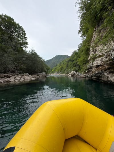 The image shows a view from a yellow inflatable raft on a dark green river, navigating through a canyon. The raft, a prominent object in the foreground, is partially visible on the right side of the frame, its textured surface dotted with water droplets. To the left of the raft, the river flows between steep, rocky cliffs covered with lush green trees and vegetation. The cliffs are rugged and imposing, creating a dramatic natural setting. In the distance, the river curves and the canyon walls recede, revealing rolling, tree-covered hills under an overcast sky. The overall mood is one of adventure and exploration in a serene, natural environment. The time of day appears to be daytime, possibly late morning or afternoon, given the diffused light. The weather is likely cloudy or overcast, contributing to the muted colors of the landscape. There is no visible text in the image.