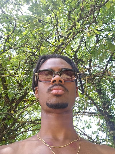 The media file shows a close-up, low-angle, portrait-style shot of a person's face and upper torso, viewed from below. The person is wearing dark-rimmed sunglasses with reflective lenses and a gold chain around their neck. Their head is tilted back, and they appear to be looking upwards through the branches of a tree. The background is dominated by the lush green foliage and dark branches of the tree, with dappled sunlight filtering through, suggesting it is daytime. The person has dark dreadlocks and a light beard. A gold hoop earring is visible in their left ear. The lighting and the upward angle suggest the photo was taken outdoors, possibly in a natural setting. The overall impression is casual and relaxed, with the person possibly enjoying a moment outdoors. The location context provided is Échebrune, France, which is consistent with an outdoor, potentially rural or park-like setting. There is no visible text in the image.