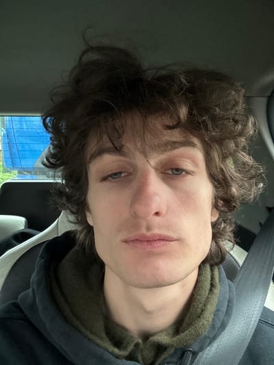 The image displays a single male individual, a young adult, depicted from the chest up within the interior of a vehicle. He has fair skin, light-colored eyes, and dark, curly hair which appears unkempt. The individual is wearing a dark-colored hooded sweatshirt, potentially navy blue or charcoal, over an olive green garment. A dark seatbelt traverses his chest diagonally from the right shoulder. His expression is neutral, and he is looking directly forward, engaging the camera. The vehicle's interior includes a light-colored headliner at the top of the frame and a portion of a light-colored seat or headrest behind the individual's left shoulder. Through the rear window of the vehicle, a partial view of an outdoor environment is visible, including a section of a blue tarp or cover and indistinct greenery. The scene is set within a vehicle; however, specific visual identifiers to ascertain the precise location within the city of Alfortville, France, are not present in the image.