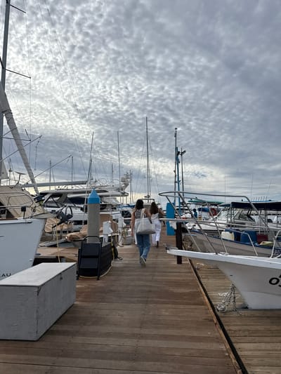 The image depicts a marina setting in La Paz, Mexico. Several sailboats and yachts are moored alongside a wooden pier. Two individuals, one in a white top and the other in a light-colored top and jeans, are walking along the pier between the boats. The sky is overcast with textured cloud cover. A black rolling cart is present on the pier near one of the boats.