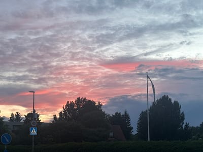The image captures a dusky sky over Laagri alevik, Estonia, illuminated by the soft hues of a sunset. Wispy clouds in shades of pink and grey stretch across the horizon, creating a dramatic backdrop. In the foreground, silhouetted trees and a dark green hedge form a dense line across the bottom of the frame. A tall lamppost stands to the left, displaying traffic signs indicating a speed limit of 40 and a pedestrian crossing. To the right, a flagpole with a white flag stands tall against the darkening sky. The overall impression is one of a tranquil evening scene in a suburban setting.