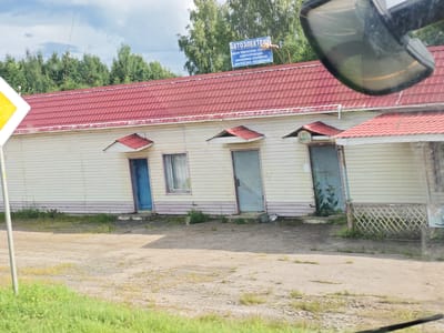 The image depicts a long, single-story building with a red corrugated metal roof and light-colored horizontal siding. The building has multiple entrances, each with a small, peaked awning. One blue door is visible on the left, followed by a window with a decorative grate, and then two light blue doors. A sign above the roof reads "АВТОЭЛЕКТРИК" in blue lettering and lists services related to automotive electrical repair. Green trees line the background. In the foreground, there is a gravelly, unpaved area with some sparse vegetation. A yellow diamond-shaped road sign is partially visible on the left side of the image, and a car's rearview mirror is reflected in the upper right. The scene appears to be on a cloudy day.