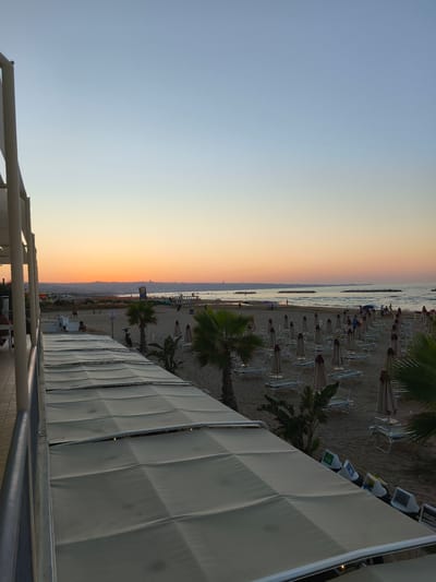 This is a wide-angle, eye-level photograph of a beach in San Salvo, Italy, at sunset. The sky transitions from a pale blue at the top to a warm orange and yellow glow near the horizon, indicating the setting sun. A distant shoreline with buildings is visible. The beach itself is sandy and dotted with numerous closed beach umbrellas and lounge chairs, many arranged in neat rows. Several palm trees and other tropical foliage are interspersed among the seating.
In the foreground, a portion of an outdoor seating area with a retractable awning is visible, supported by white pillars. A metal railing runs along the edge of this seating area.
On the beach, a few people are scattered about, some walking, others standing. There are signs and what appear to be recycling bins near the awning. The sea is calm, with gentle waves lapping the shore. The overall atmosphere is peaceful and serene, capturing the end of a day at the beach.