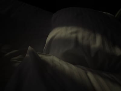 A close-up, low-angle shot captures a dimly lit scene of white striped bedding, likely pillows and sheets, within a room. A sliver of bright light cuts across the fabric from the top left, creating distinct shadows and highlights that emphasize the texture and folds of the material. The overall ambiance is dark and quiet, suggesting early morning or nighttime. The location is given as Doma 1096 Km, Russia. No people or specific actions are depicted.