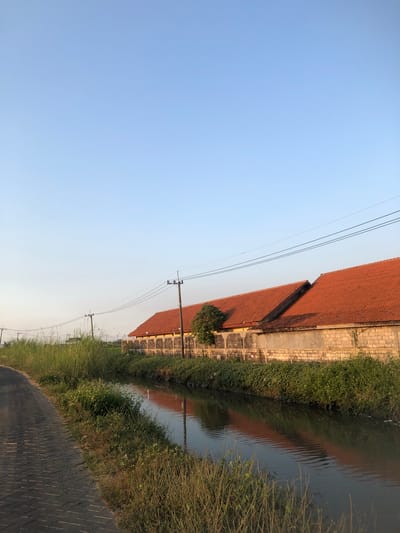 The image depicts a scene in Keboguyang, Indonesia, featuring a paved path on the left, bordered by tall grass and vegetation. Adjacent to the vegetation is a narrow canal with calm water reflecting the sky and the buildings. On the right side of the canal, a long, low building with an orange tile roof stretches horizontally across the frame. The building is constructed of light-colored bricks with a concrete foundation or wall along its base. Several utility poles with power lines are visible along the length of the building and in the distance. The sky is a clear, pale blue, indicating daylight, likely late afternoon or early morning given the soft light. The overall atmosphere is peaceful and rural. There are no people or animals visible in the image.