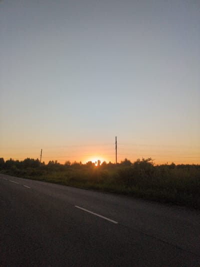 The image depicts a rural scene at dusk, likely in the vicinity of посёлок Молочной фермы, Russia. A paved road with white lane markings extends from the lower left corner into the distance, angling towards the right. To the right of the road is a grassy, overgrown embankment. In the background, a dense line of trees forms a dark silhouette against the horizon. The sky transitions from a pale blue at the top to a warm orange glow near the horizon, indicating either sunrise or sunset. A single utility pole with multiple power lines stretches horizontally across the middle ground, intersecting the tree line. The overall atmosphere is peaceful and natural, with no people or specific structures of interest visible.