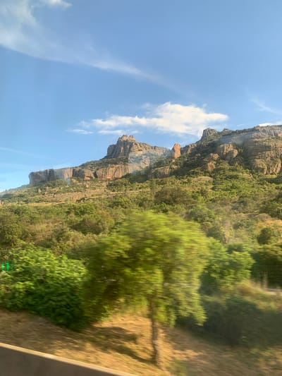 The image shows a cliff face in Roquebrune-sur-Argens, France. The cliff is rocky, with layers of exposed rock, and is partially covered in green vegetation, including trees and shrubs. A blue sky with scattered white clouds is visible above the cliff. The foreground is blurry and partially obscured by foliage and a road barrier suggesting the photo was taken from a moving vehicle.