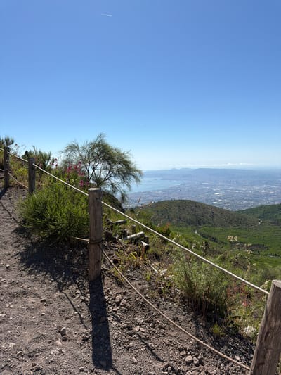 A sunny, clear day is depicted from an elevated viewpoint overlooking a coastal city and its bay. The foreground features a rough, gravelly path lined with rustic wooden posts and a thick rope acting as a safety barrier. Green foliage, including bushes and a sparse tree with delicate pink flowers, grows along the path's edge. The middle ground transitions to rolling green hills dotted with vegetation, with a winding road visible in the distance. The background reveals a sprawling city with densely packed buildings stretching towards a tranquil bay, which is part of the Gulf of Naples, near Ercolano, Italy. A thin white contrail from an aircraft streaks across the bright blue sky. The scene suggests a hiking trail or scenic overlook, likely on the slopes of Mount Vesuvius, offering panoramic views of the surrounding landscape and the historical city of Ercolano below.