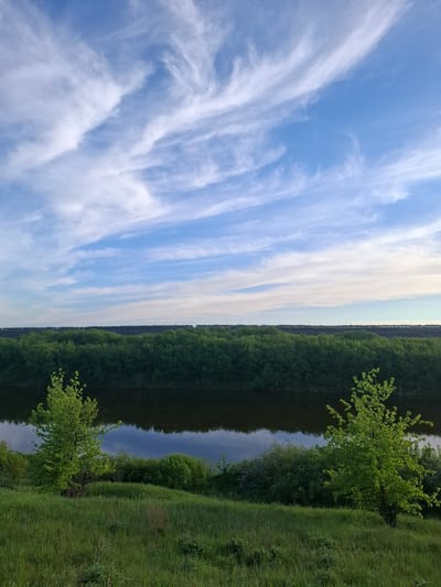 The image depicts a landscape scene near Elets-Malanino, Russia. The left side of the frame features a vibrant blue sky filled with elongated, wispy cirrus clouds. A band of forest stretches across the center, reflected in the calm water of a river. Green grass occupies the right side of the image, punctuated by trees along the riverbank.