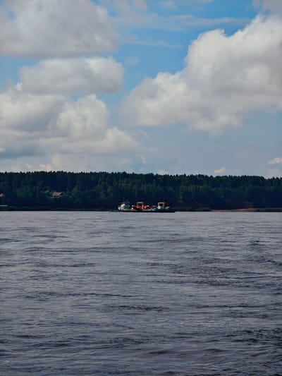 The image depicts a wide river with a tugboat and barges in the distance, positioned in front of a dense, dark green forest. The sky above is a mix of blue and white clouds. The river is a dominant feature, with visible ripples on its surface, suggesting a gentle flow. The tugboat, a vessel of moderate size, is towing the barges, which appear to be carrying some form of cargo, though it is not clearly identifiable. A few houses are scattered amongst the trees on the riverbank, hinting at a sparsely populated area. The overall atmosphere is calm and natural, showcasing a rural or semi-rural landscape. The scene is located on the river in Novokargino, Russia.