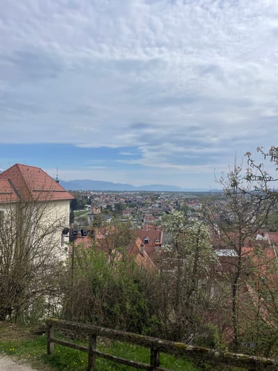 The image depicts a view overlooking Skofja Loka, Slovenia, from an elevated position. The scene is dominated by the town's architecture, characterized by terracotta rooftops, interspersed with trees and greenery. In the background, a range of mountains is visible under a partly cloudy sky. A weathered wooden fence runs along the foreground, partly obscured by foliage and bare branches. The angle suggests the shot was taken from a hillside or a high point, likely within or near the town's perimeter. The general ambiance conveys a sense of tranquility and a scenic overview of the urban landscape.