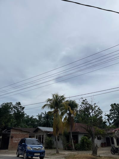 The image depicts a street scene in Seunebobaru, Indonesia, under an overcast sky. A blue hatchback car, bearing the license plate "BL 1773 UP," is parked on the left side of a dusty road. Adjacent to the car is a brick building with white lettering that reads "BENGKEL DINAMO." Further down the road, several houses with reddish-brown roofs are visible, interspersed with lush green trees and palm trees. The foreground is dominated by dry grass and dirt. Overhead, multiple electrical wires stretch across the frame, contributing to the urban-rural interface feel of the location. There are no people or animals visible in the frame. The overall atmosphere is subdued due to the cloudy weather.