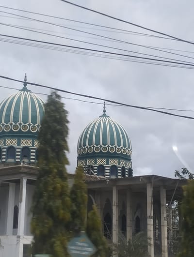 The image depicts a mosque with two prominent green and white domes, one slightly larger than the other. The domes are adorned with decorative circular patterns and what appear to be Arabic inscriptions. The mosque features a multi-story structure with arched windows and a columned facade. Part of the building seems to be under construction, with visible scaffolding. Several tall, dark green trees obscure portions of the mosque and foreground. Power lines crisscross the sky, which is overcast and grey. The scene is captured from a distance, possibly from a moving vehicle, as evidenced by the motion blur in the trees. The location is identified as Ujong Duabelas, Indonesia.