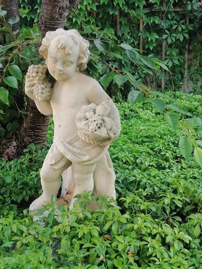 This is a vertical, eye-level photograph of a stone statue of a cherub in a garden setting. The cherub is a light, sandy color and is depicted as a young boy holding bunches of grapes in each hand. He is wearing a cloth draped around his waist, and his curly hair is rendered in detail. The statue is placed amongst lush green foliage, with dense, leafy bushes in the foreground and a climbing vine with a wooden trellis in the background. A tree trunk with textured bark is visible to the left of the statue, partially obscured by leaves. The overall impression is one of a tranquil, well-maintained garden. The lighting suggests it could be daytime, possibly overcast, as there are no strong shadows. The setting evokes a sense of classic garden statuary, commonly found in European gardens. No text is visible in the image.